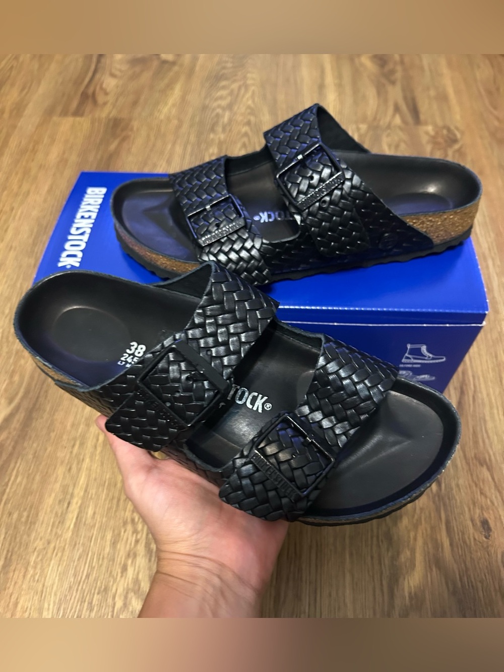 BIRKENSTOCK Arizona embossed black leather gladiator sandals slippers shoes 38